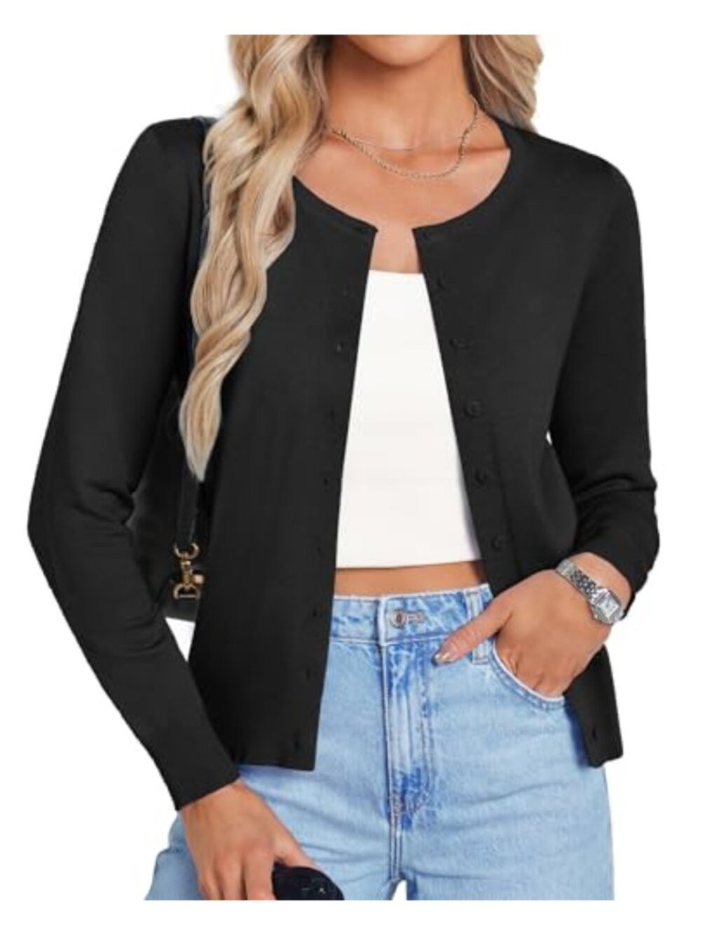 Lightweight Button Down Cardigan Knit Shrug Long Sleeve Crew Neck